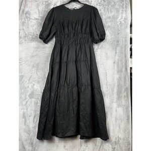 Aere Dress 100% Linen Lagenlook Tiered Puff Short Sleeve Black 16 Cut Out Back